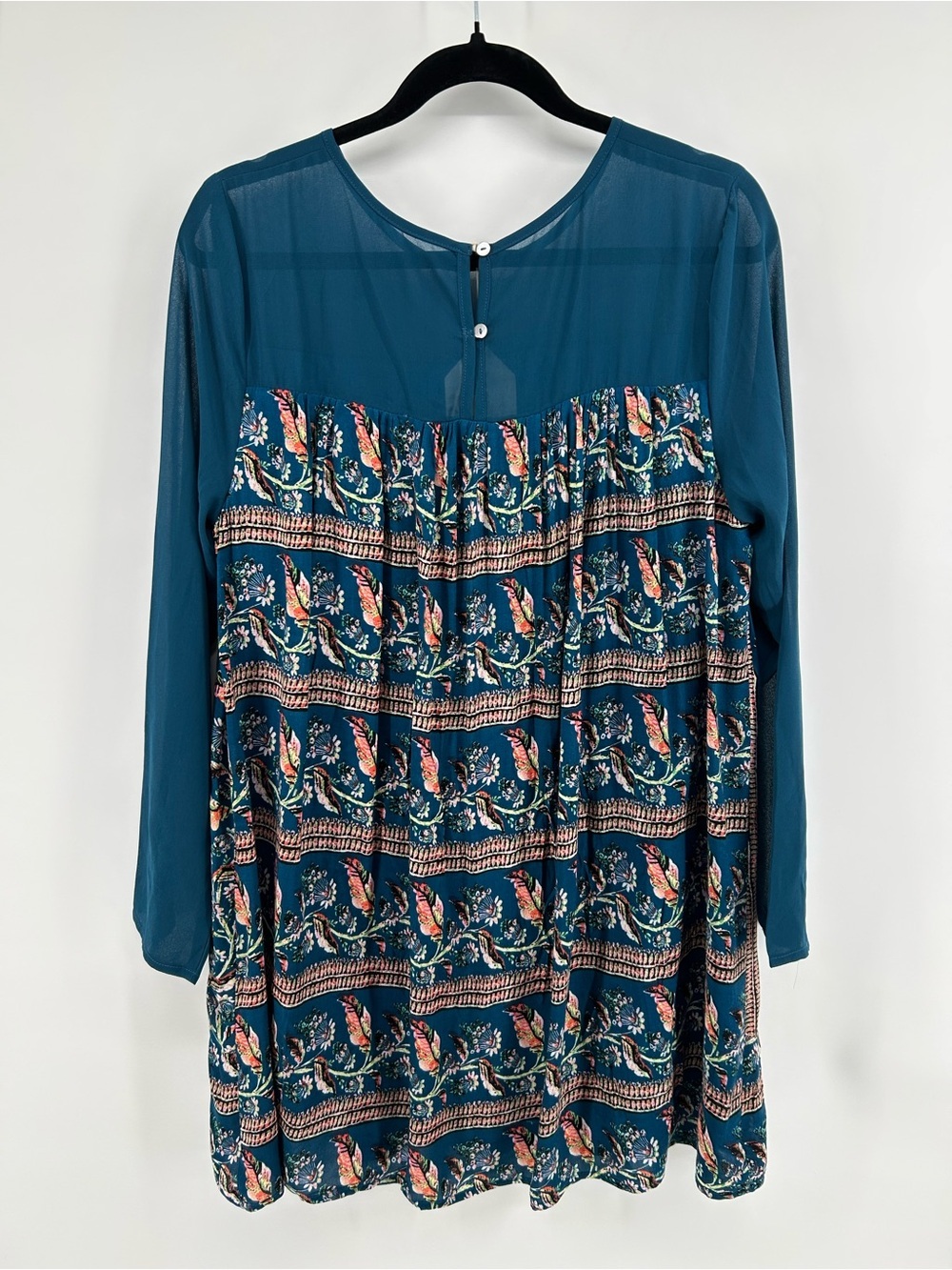 NWT Entro Teal Boho Shift Dress M Lace Floral Border Print Sheer Long Sleeve - Picture 5 of 7